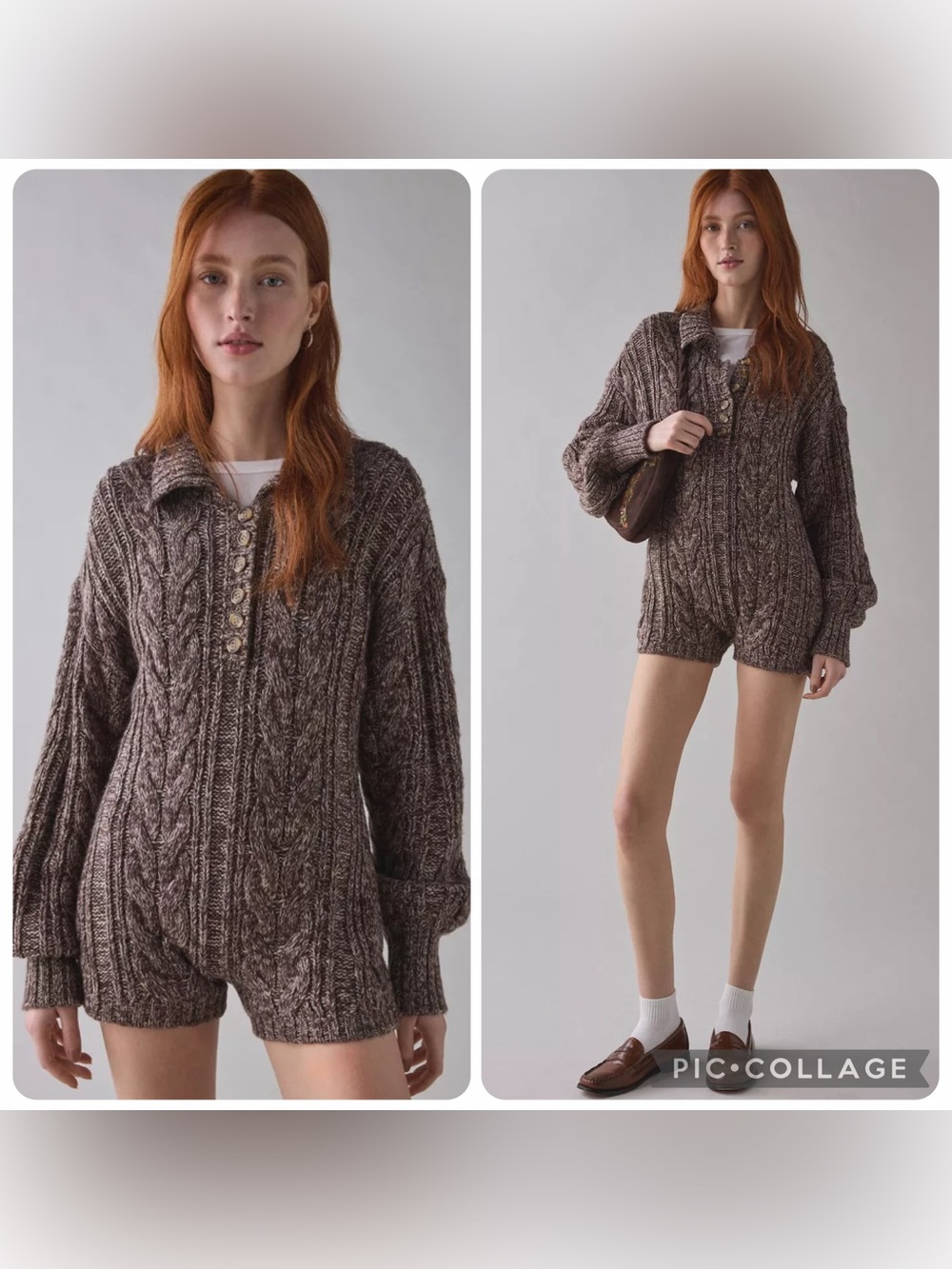 Small For Love & Lemons nathalie Cable-Knit Collared sweater Romper brown Marl